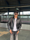 Black Boxy Premium Faux Leather Jacket Front View