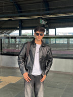 Black Boxy Premium Faux Leather Jacket Front View