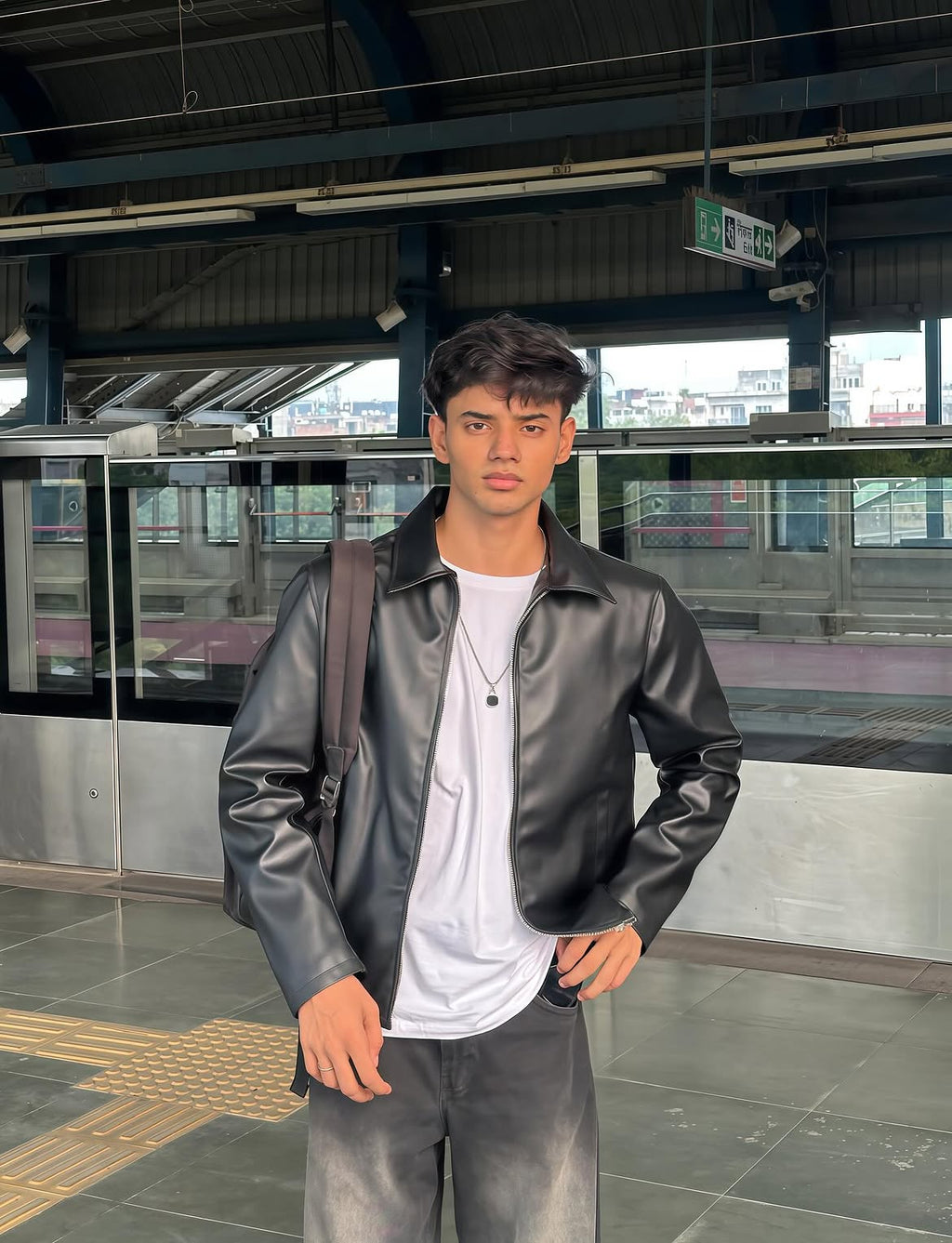 A man wearing a black faux-leather jacket over a white t-shirt and gray jeans, standing on a subway platform.