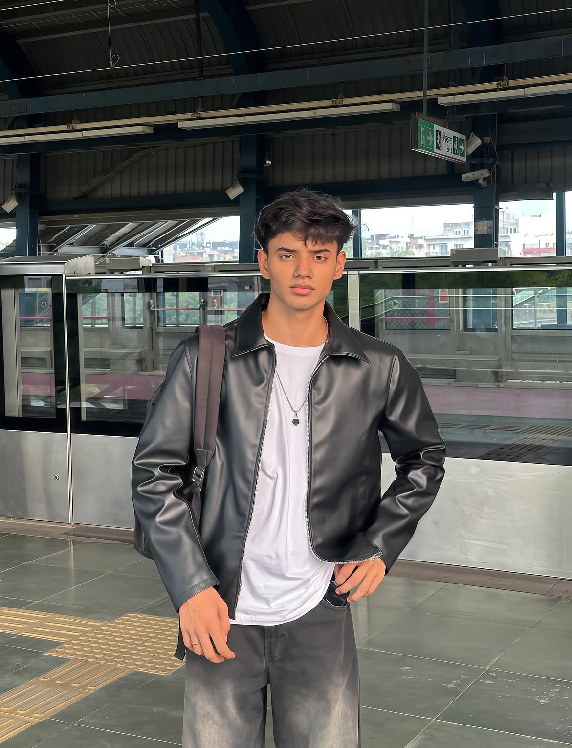 A man wearing a black faux-leather jacket over a white t-shirt and gray jeans, standing on a subway platform.