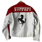 Ferrari White & Red Racing Leather Jacket – Bold Motoring Style | WesternVibe®