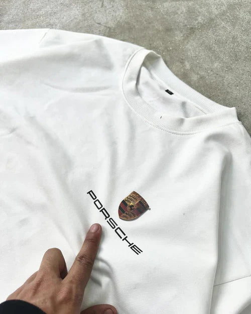 White Porsche Graphic Print Oversized Tee Close Up Detail