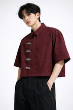 Men's burgundy mandarin collar shirt premium streetwear