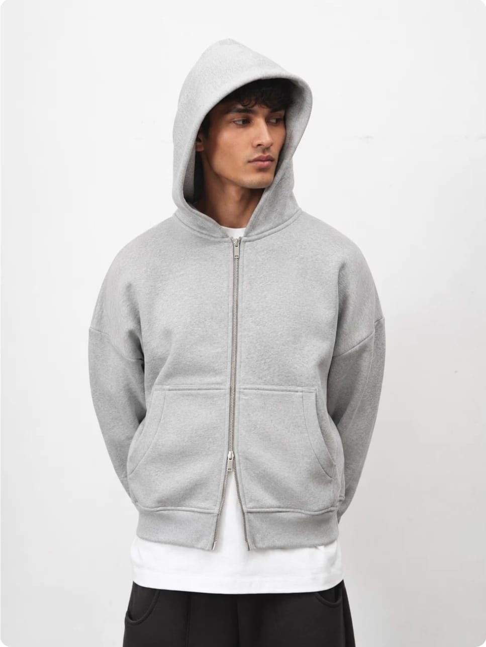 350 GSM Grey Reverse Zipper Hoodie | Premium Oversized Hoodie – Westernvibe