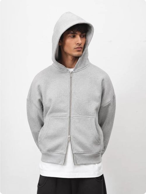 350 GSM Grey Reverse Zipper Hoodie | Premium Oversized Hoodie – Westernvibe