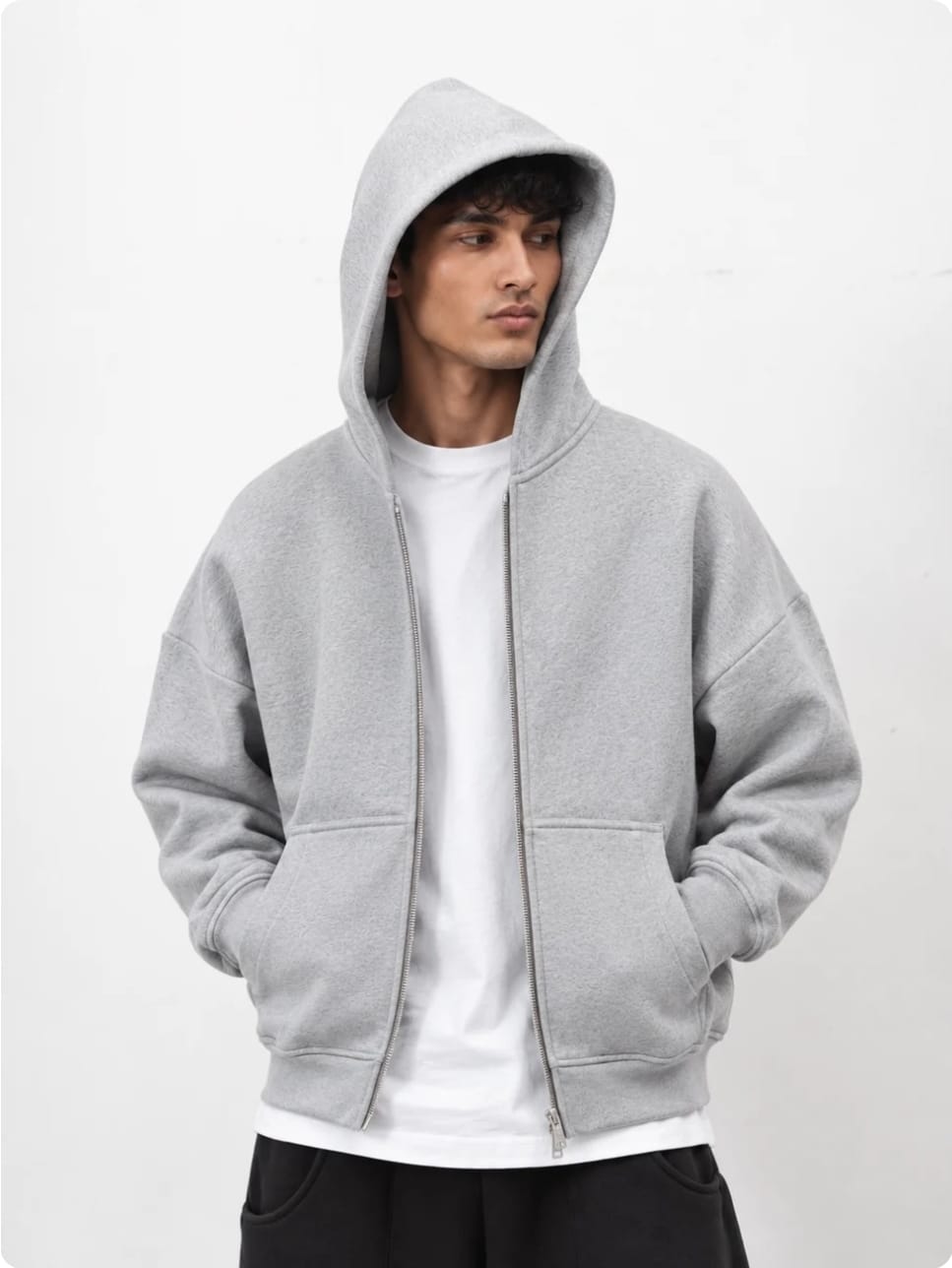 350 GSM Grey Reverse Zipper Hoodie | Premium Oversized Hoodie – Westernvibe