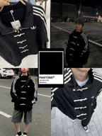 Black Chinese-inspired knot streetwear jacket with zip and button closure