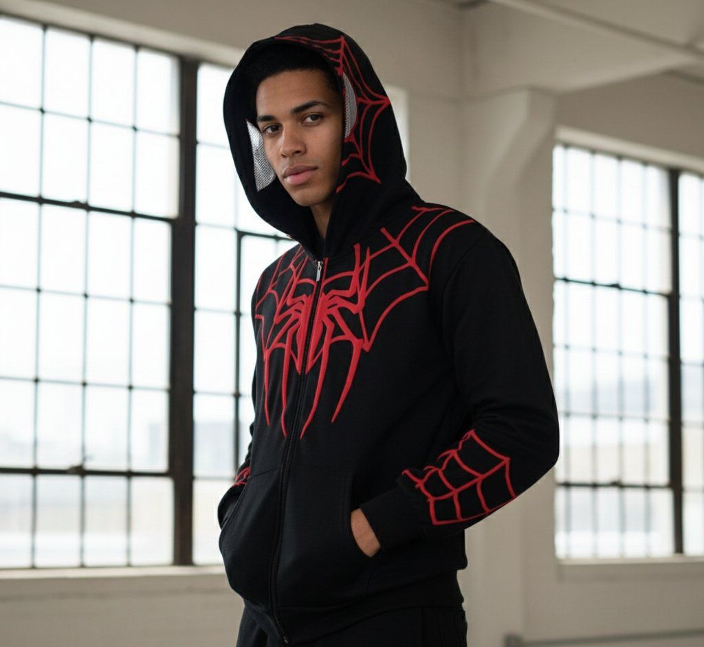 Black red spider web zip hoodie front view