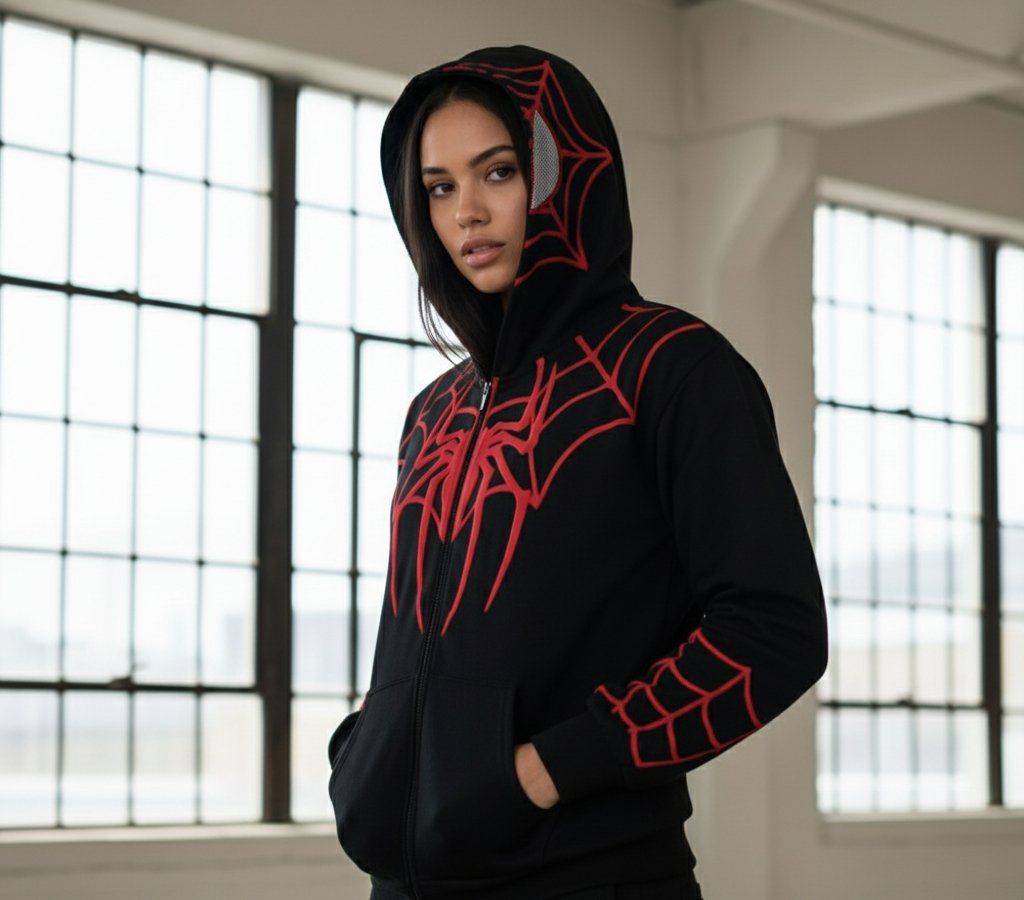 Black streetwear hoodie with red spider web graphic
