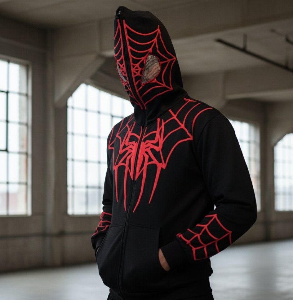 Black red graphic zip hoodie with attached hood