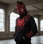 Black red graphic zip hoodie with attached hood
