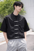 Black Mandarin oversized shirt front view Chinese streetwear style