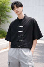 Chinese style black oversized shirt minimalist streetwear look