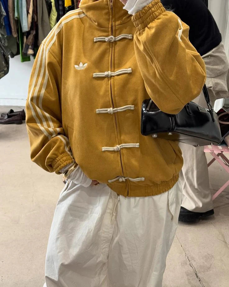 Yellow CNY suede streetwear jacket with full sleeves