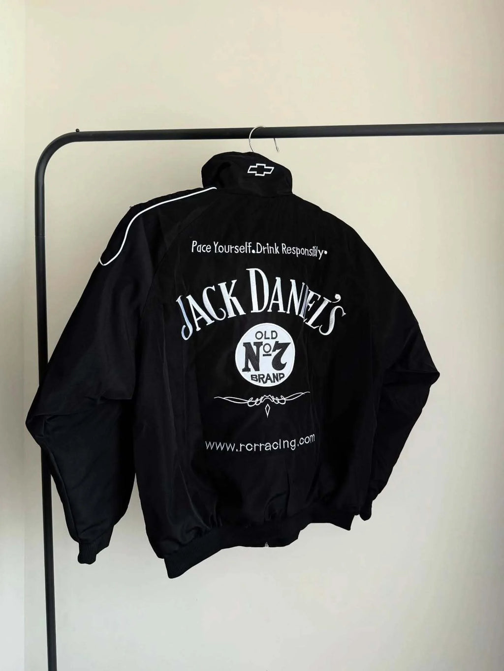 Close-up of Jack Daniel DTF print on parachute fabric jacket