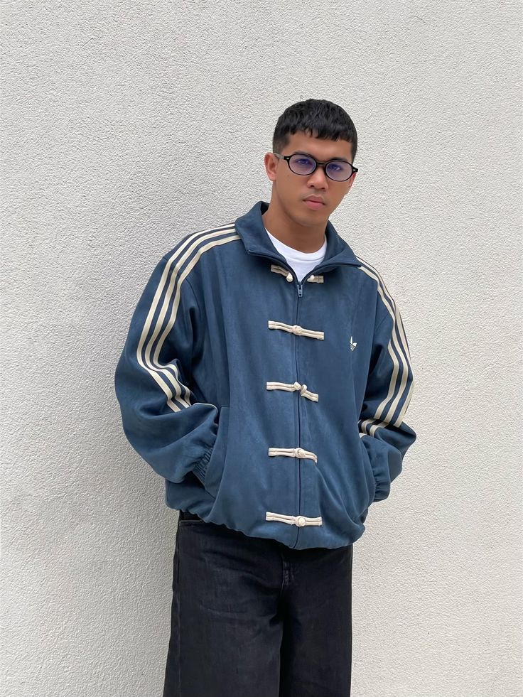 Navy blue suede streetwear jacket with zip and button closure
