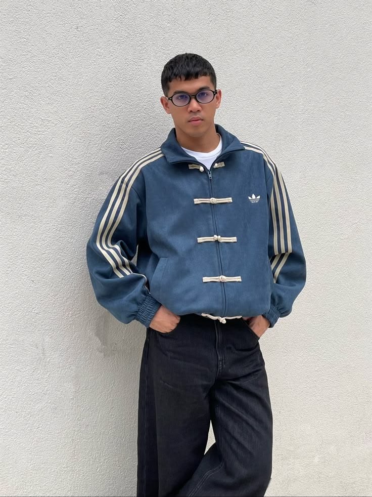 Navy blue CNY suede jacket with Chinese-inspired detailing