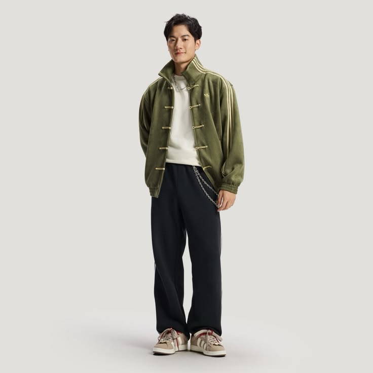Olive green CNY suede jacket with Chinese-inspired detailing