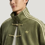 Olive green suede streetwear jacket with zip and button closure