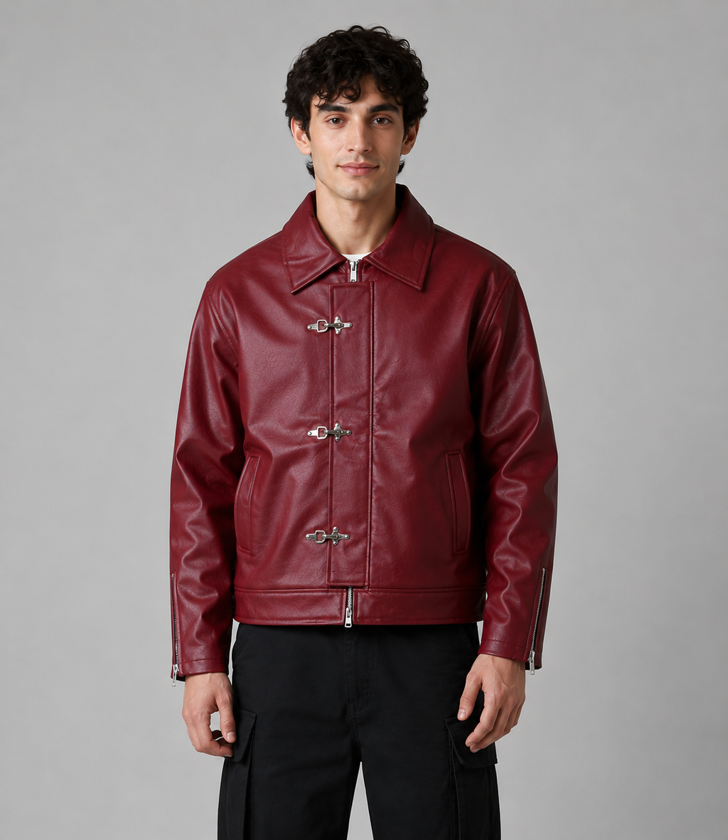 Back view of WesternVibe burgundy metal clasp jacket with textured finish